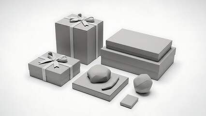 A collection of gray gift boxes and abstract geometric forms arranged on a plain white background with subtle studio lighting and soft shadows