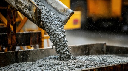 Pouring of wet concrete from a mixer into a holding area at a construction site during early morning work hours