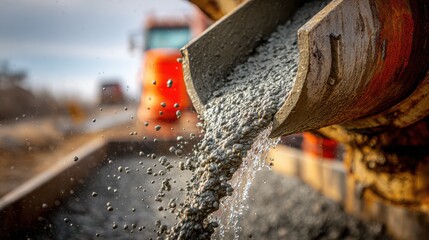 Concrete is poured from a truck during a construction project at a building site in the afternoon under cloudy skies