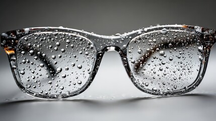 Close-up view of clear glasses covered in water droplets on a gray background during a still moment at indoor space
