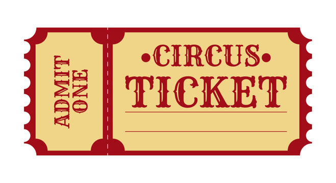 Classic vintage circus ticket template inspired by old carnival and circus admission passes. Elegant red and beige retro design with decorative borders and retro typography. Editable vector.