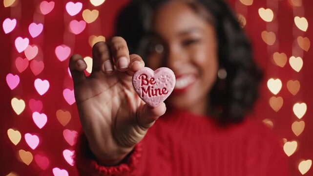Black woman holding a pink heart candy with Be Mine text. Valentine's Day concept with red heart bokeh background. Romantic holiday celebration