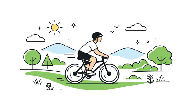 Nature Trail Cycling. Bike riding nature trail. Person riding a bike along a green path with trees and hills. Calm escape and connection with nature.
