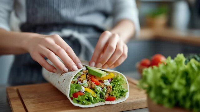 258Close-up of hands assembling a colorful vegetable wrap, avocado, lettuce, and bell peppers clearly visible, blurred kitchen counter in background, fresh and healthy food preparatio