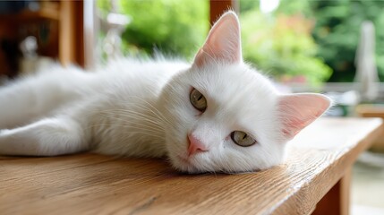 White cat rests on a wooden table in a garden during the daytime enjoying the warm sunlight and surroundings