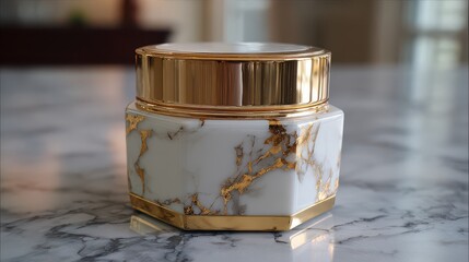 Decorative jar on a marble surface with gold accents and a hexagonal shape during daylight hours