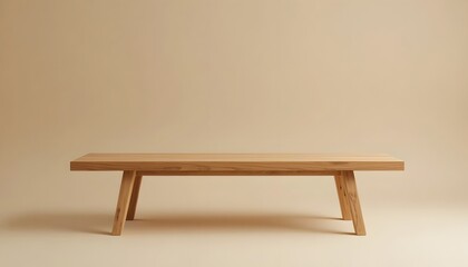 Modern wooden bench with angled legs on beige background