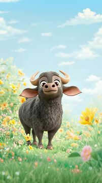 A cute 3D cartoon buffalo is dancing and swaying on a grassy background.