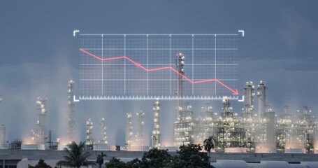 Downward market trend graph overlaid on industrial power plant, symbolizing reduced demand, falling prices and economic slowdown in energy sector. Concepts of energy market and industrial economics. - Powered by Adobe