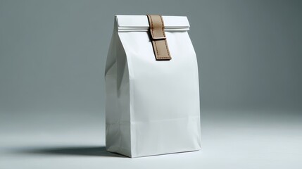 White paper bag with a flat closure on a light gray background, focusing on the simple design and texture of the packaging in a studio setting