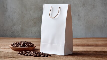 Coffee beans in a bowl next to a white paper bag on wooden table with a neutral background during daylight