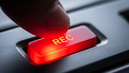 A finger pressing down on a glowing red recording button marked with the letters "REC" on a dark electronic device