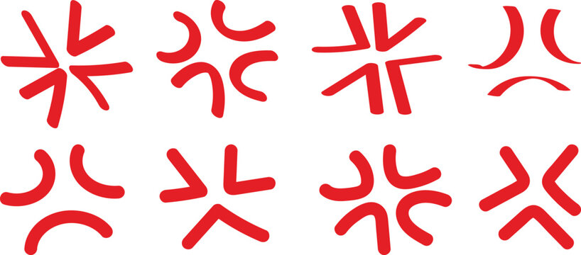 Hand drawn doodle red angry expression symbol and stress vein pop icon collection set vector