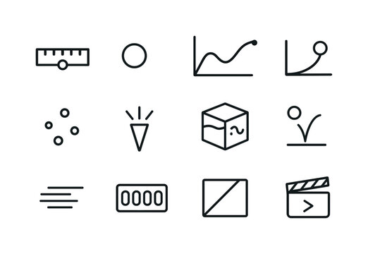 3D Vector Icon Set. 3D motion graphics. Line icon set of 3D motion graphics: timeline bar, keyframe dot, motion path, graph editor curve, particle icon,
