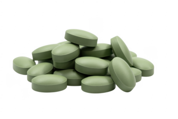 Pile of green pills medication isolated on a transparent background