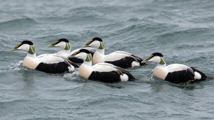 Group of birds swimming in the water, showing their unique patterns and colors during a chilly afternoon by the shore