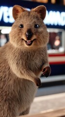 A quokka sits at a table holding a mobile device with bright lights visible in the background during nighttime