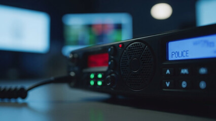 Close-up of a modern police radio scanner with a glowing blue display in a dark control room