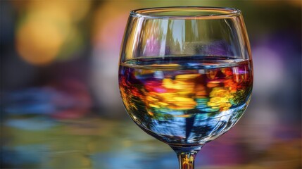 Close-up of a glass filled with water reflecting colorful lights from a nearby background during a social gathering
