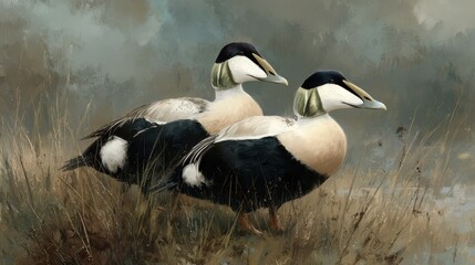 Ducks standing on grass in a natural setting during the day