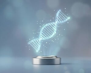 A glowing holographic DNA double helix structure emerging from a metallic pedestal in a futuristic scientific setting.