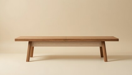 Modern wooden bench in minimalist beige interior setting