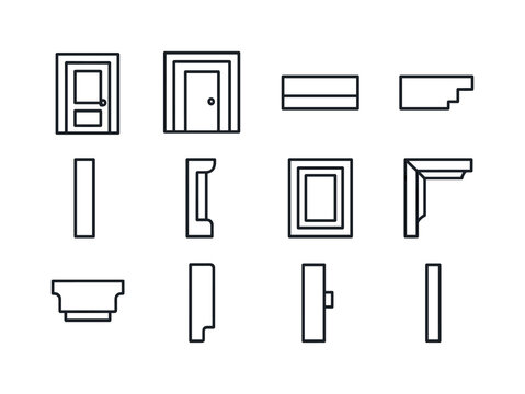 Wooden Door Icons. wooden door. Line icon set of wooden door: door frame outline, wall interface, lintel icon, threshold icon, jamb outline, trim detail,