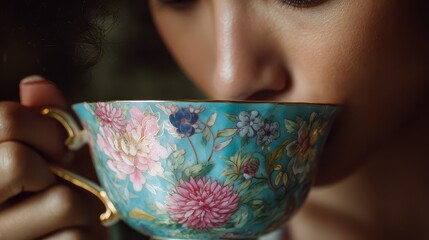 Person drinks from a floral tea cup in a cozy setting while enjoying a quiet moment during the afternoon