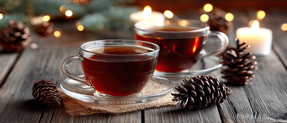 Cup of hot drink with lemon rests on a wooden board near candles and pine branches in a cozy winter setting
