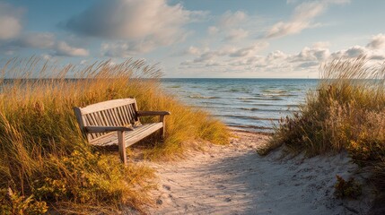 Obraz premium Bench sits on sandy path next to water surrounded by grass with clouds in the sky during daylight hours