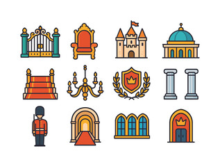 Royal Icon Set. Palace. Colorful flat vector icons set of palace: royal gates, grand throne, castle towers, palace dome, red carpet, golden chandelier, regal