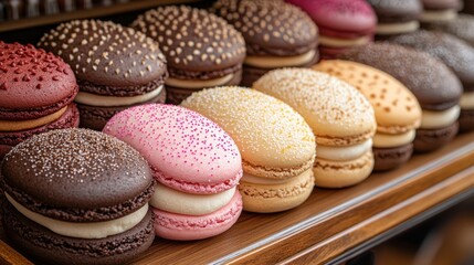 Fototapeta premium Colorful macarons in rows on a display