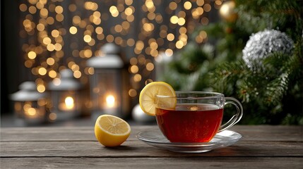 Cup of hot drink with lemon rests on a wooden board near candles and pine branches in a cozy winter setting