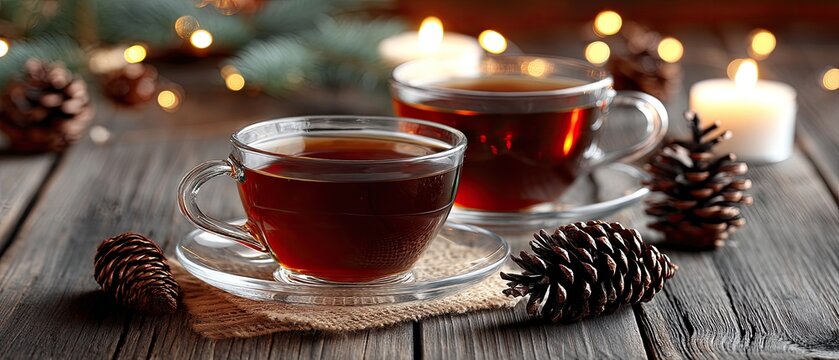 Cup of hot drink with lemon rests on a wooden board near candles and pine branches in a cozy winter setting - Powered by Adobe