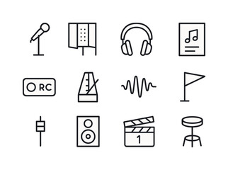 Recording Session Icons. Recording sessions. Line icon set of Recording sessions: mic stand, vocal booth, headphone set, lyric sheet, recording