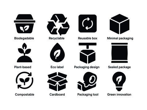 Eco-Friendly Packaging Icons. Packaging innovation. Solid icon set of packaging innovation: biodegradable container, recyclable wrap, reusable box, minimal