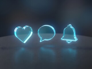 Glowing blue translucent social media notification icons: heart, speech bubble, and bell.