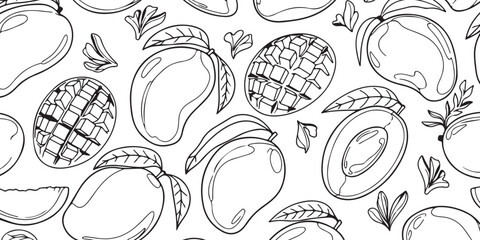 Seamless pattern of mangoes and mango slices, hand-drawn line art illustration