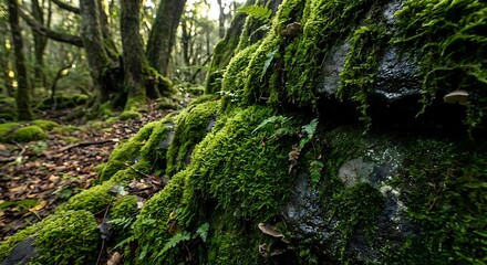 Obraz premium Vibrant green moss covering ancient tree trunk in lush forest ecosystem. Natural woodland texture for environmental and nature conservation projects.