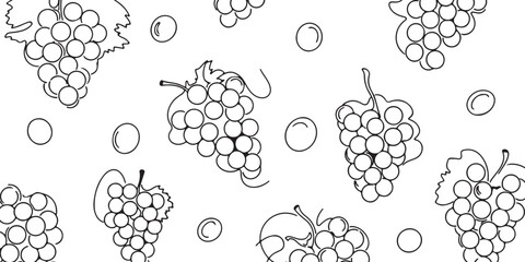 Seamless Pattern of Grapes and Berries in Outline Style - Vector Art