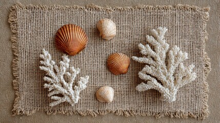 Shells and coral pieces arranged on textured fabric in a natural display during the day in a simple setting