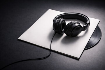 A Stylish Black Headphone Resting on a Vinyl Record with a Blank Cover, Capturing the Essence of Music and Analog Listening Experience