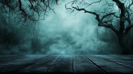 A dark and mysterious forest scene with a wooden platform and bare trees shrouded in fog and mist