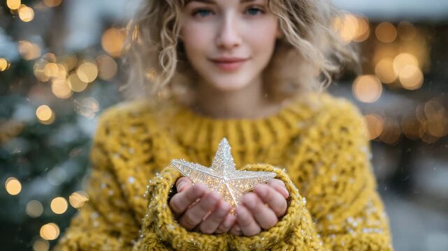 Blonde-haired girl in a cozy yellow sweater holding a sparkling star, sunlight reflecting off the star onto her hands, soft-focus background with warm bokeh lights, innocent and wh