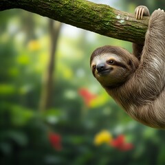 Fototapeta premium Adorable sloth hanging from tree branch in lush tropical rainforest with vibrant green foliage and colorful flowers creating natural wildlife habitat.