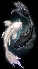 Elegant anime style illustration of black and white koi fish forming a yin yang symbol glowing in dark water