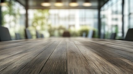 A large wooden conference table in a modern office with a blurred background of chairs and windows