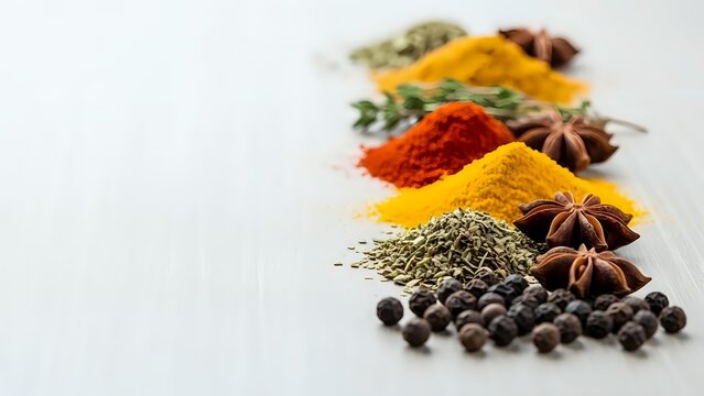 Colorful spice powders and whole spices arranged in diagonal line on white background. Turmeric, paprika, herbs, star anise, peppercorns for cooking.