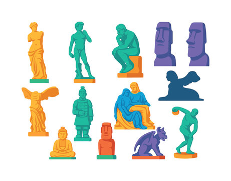 Vibrant Sculpture Icons. Famous sculptures. Colorful flat vector icons set of Famous sculptures: Venus de Milo, David statue, The Thinker, Moai head, Winged