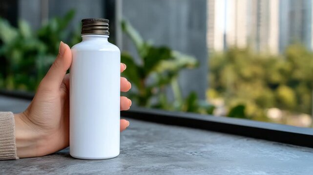 Close-up of a hand holding a blank eco-friendly bottle over a smooth neutral surface, soft natural light, blurred background with ample negative space, copy space compositions, min